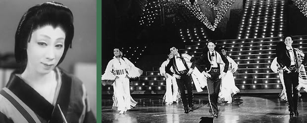 (右)第35回「秋の踊り」昭和45年左より、邦枝輝子、沖千里、小月冴子
(左)「第2回歌舞伎おどり」昭和27年「お富と与三郎」お富役の小月冴子