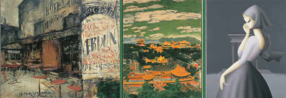 右へ順に:佐伯祐三《広告“ヴェルダン”》1927年 大原美術館蔵/梅原龍三郎《紫禁城》1940年 永青文庫蔵/東郷青児《望郷》1959年 損保ジャパン東郷青児美術館蔵