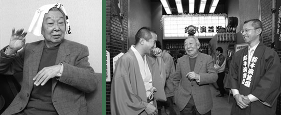 左写真:photo:須藤尚敏Suto Naotoshi 『噺家の手ぬぐい』(日東書院本社)より 右写真:左より、玉の輔師匠、小沢さん、席亭
鈴本演芸場入口にて(2007年)